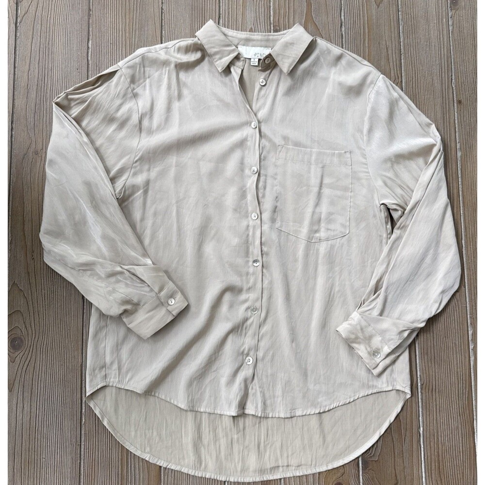 Pinch Women’s Silky Bishop Sleeve Long Button Up Blouse Beige Top Shirt Small